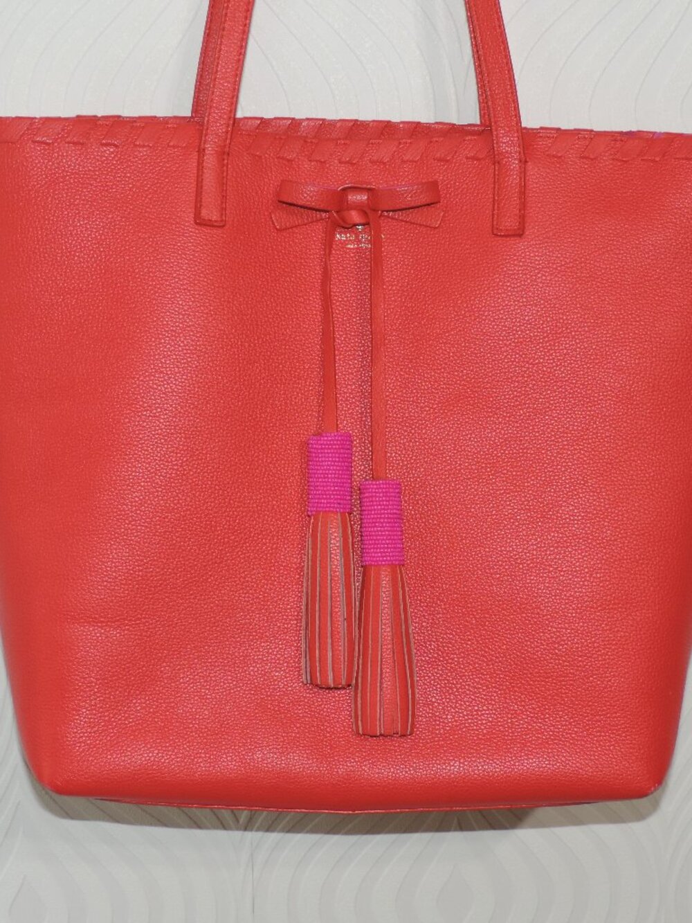 KATE SPADE New York On Purpose Red-Orange Leather Tote w/Bow & Beaded Tassels